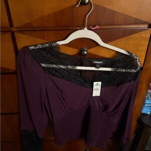 Express Women's Deep Purple Top with Black Lace
